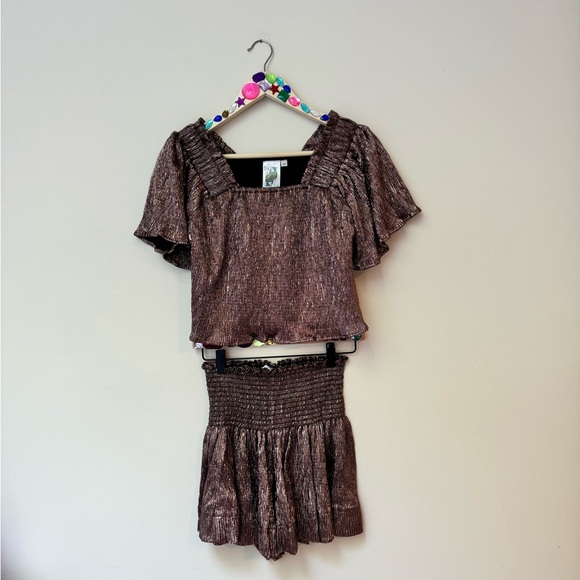 NWOT QUEEN OF SPARKLES QOS Brown Flutter Top and Swing Short Set - Picture 5 of 8